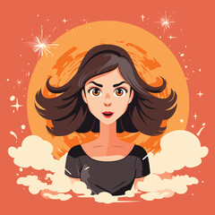 Young woman brunette hair, big eyes, comic style orange backdrop. Female character portrait, sparkling eyes, stylish vector illustration