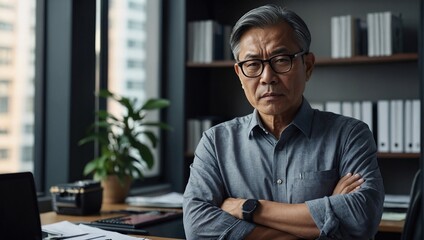 Portrait of serious confident asian man inside office at workplace, businessman in shirt with wrinkled hands and glasses looking at camera, mature boss, financier accountant Older person day