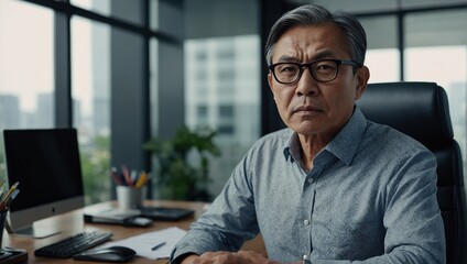 Portrait of serious confident asian man inside office at workplace, businessman in shirt with wrinkled hands and glasses looking at camera, mature boss, financier accountant Older person day
