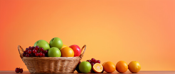 Fruit basket on a brightly colored background. Copy space.