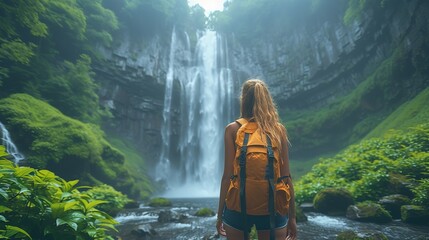 A woman with a backpack stands facing a majestic waterfall