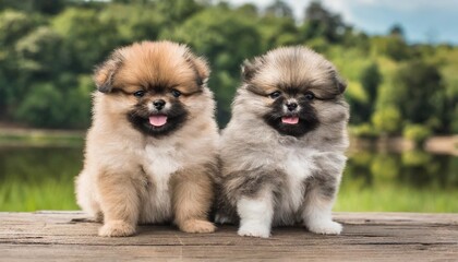 cute puppies pomeranian mixed breed pekingese dog sitting