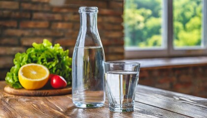 kitchen table there is a glass of mineral water