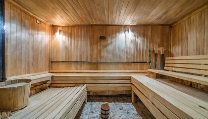 front view of empty finnish sauna room modern interior of wooden spa cabin with dry steam
