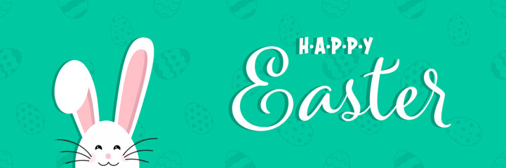 Easter bunny ears mask vector illustration. Rabbit ear spring hat set. Easter Day. Colorful Happy Easter greeting card with rabbit, bunny, eggs with banners.