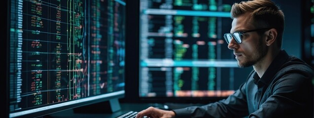 Programming coding and man with focus, hologram and trading with cyber security, futuristic and research, Male person, investor and employee with data analysis, server or investment with website info