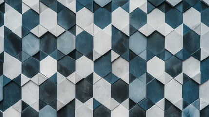 Modern Geometric Wall Design with Blue and White Tiles
