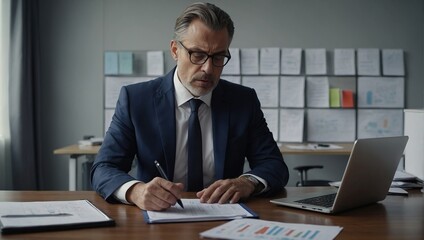 Serious and focused financier accountant on paper work inside office, mature man using calculator and laptop for calculating reports and summarizing accounts, businessman at work in suit - obrazy, fototapety, plakaty