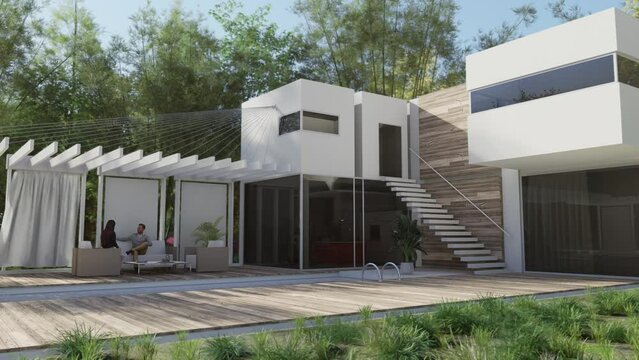 House exterior with a pool and a sitting area with a pergola animation