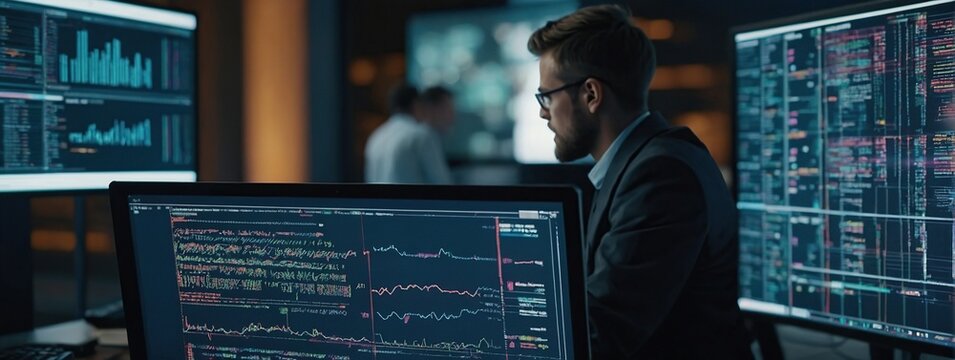 Programming coding and man with focus, hologram and trading with cyber security, futuristic and research, Male person, investor and employee with data analysis, server or investment with website info