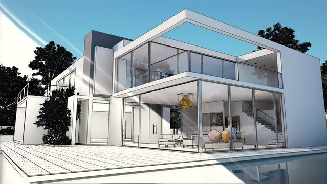 Luxury contemporary mansion with pool animation