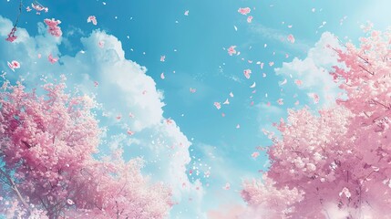 Fototapeta na wymiar Spring banner, branches of blossoming cherry against background of blue sky and butterflies on nature outdoors. Pink sakura flowers, dreamy romantic image spring. AI generated illustration