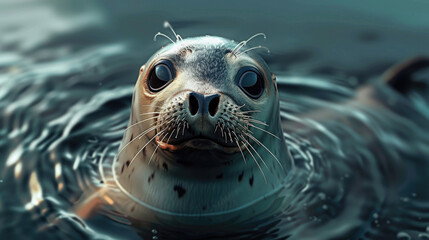 Fototapeta premium Curious seal floating in water close-up - A high-definition image captures the inquisitive expression of a seal with its head popping out of the sea water