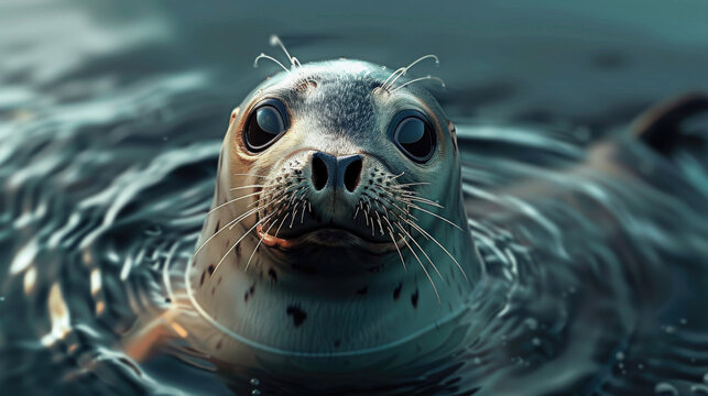 Curious seal floating in water close-up - A high-definition image captures the inquisitive expression of a seal with its head popping out of the sea water
