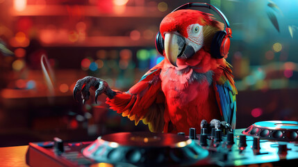 DJ parrot with turntable and headphones - A vibrant scarlet macaw as a DJ with headphones, mixing tunes on a turntable, symbolizing fun and music culture