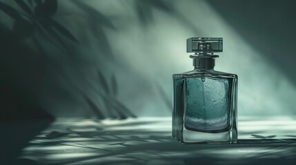 Glass perfume bottle in the shadow, in the style of dark gray and dark cyan. AI generated illustration