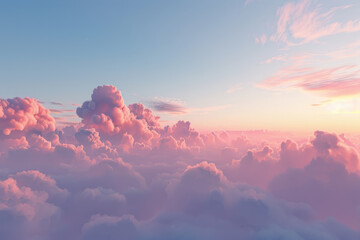 Dreamlike cloudscape during golden hour - A serene cloudscape basking in the golden hour light, with soft fluffy clouds and a calming atmosphere - obrazy, fototapety, plakaty