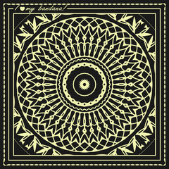 Black bandana with a white mandala and a figured edging with the inscription - I love my bandana. Version No. 10. Vector illustration