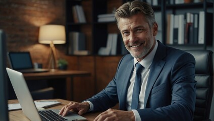 Successful satisfied businessman at workplace, boss in business suit typing on laptop keyboard, financier smiling, preparing sales report, experienced mature investor inside office at workplace - obrazy, fototapety, plakaty