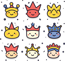 Set cute smiling emojis wearing colorful crowns, simple adorable cartoon style. Happy royal faces, festive design, party emoticons vector illustration