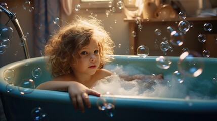 A happy laughing child is taking a bath playing with foam bubbles. Hygiene and care of young children.