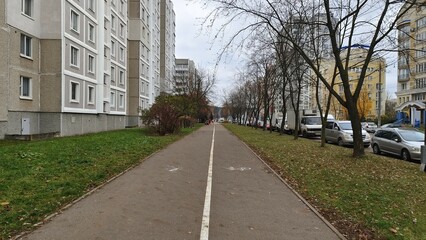 Fototapeta na wymiar Paved sidewalks and a bike path are laid between the carriageway of the street with parked cars and residential buildings. There are trees on the grassy lawn. Cloudy autumn weather