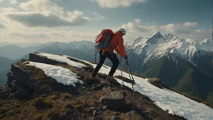 Gardinen Teamwork concept with man helping friend reach the mountain top © SHERAZI