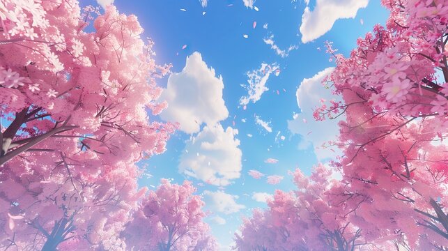 Spring banner, branches of blossoming cherry against background of blue sky and butterflies on nature outdoors. Pink sakura flowers, dreamy romantic image spring. AI generated illustration