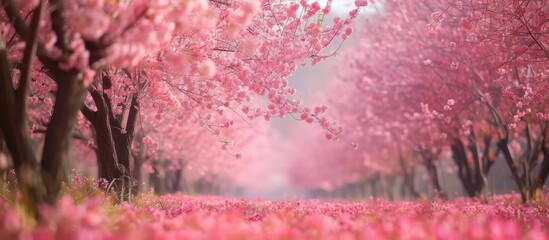 A pink cherry blossom tree stands out in full bloom, adorned with an abundance of vibrant pink flowers. The tree appears to dance among the blossoms, creating a visually striking scene.