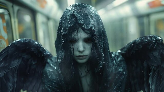 Portrait of a person with black wings in the subway car