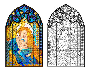 Gothic stained glass window. Illustration of the Virgin Mary and Child. Colorful and black and white drawing for coloring book. Medieval architectural style in Western Europe. Vector image.