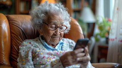 elderly woman with curly hair who sits in a bright chair and holds a smartphone in her hands