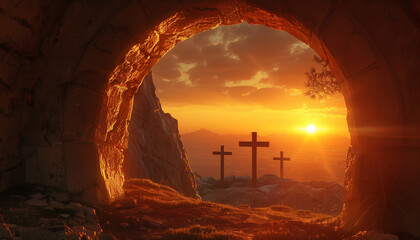 Easter Sunday of Resurrection. Empty tomb of Jesus with the three crosses of Calvary in the distance at sunset - obrazy, fototapety, plakaty