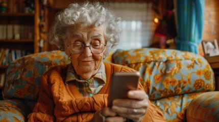 elderly woman with curly hair who sits in a bright chair and holds a smartphone in her hands