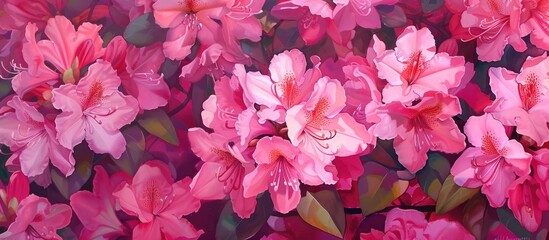 A bunch of bright pink rhododendron flowers with lush green leaves, creating a burst of vibrant color in a garden or nature setting.