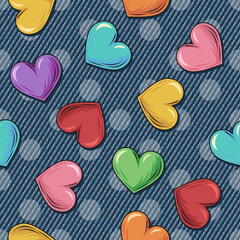 Fototapeta premium Summer denim pattern with colorful hearts, polka dot ornament behind. Scattered objects on blue jeans texture. Groovy, hippie, naive style for apparel, fabric, textile, design