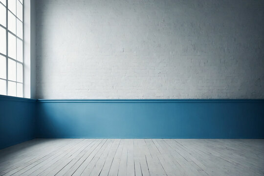 Fototapeta Empty room with  white brick wall, blue baseboard and window