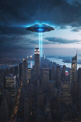 Alien Flying Over City at Night. Generative AI.