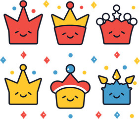 Six cartoon crowns happy faces, different styles colors dotted background. Royal headwear character design. Cheerful King Queen crowns vector illustration