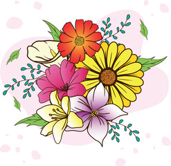 Hand drawn floral arrangement vector, assorted flowers and colorful branches
