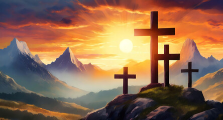 Bright Crosses silhouetted against the setting sun in the mountains