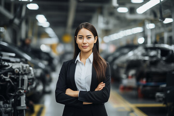 Beautiful Asian businesswoman standing with crossed arms in auto repair shop. Automotive engineer - Powered by Adobe