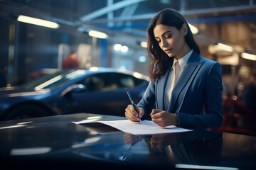 Beautiful businesswoman signing contract at car showroom. Businesswoman signing contract. Automotive engineer