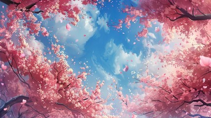 Spring banner, branches of blossoming cherry against background of blue sky and butterflies on nature outdoors. Pink sakura flowers, dreamy romantic image spring. AI generated illustration - obrazy, fototapety, plakaty