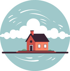 Orange house chimney island, round frame sky, clouds water. Peaceful home, isolated living concept vector illustration