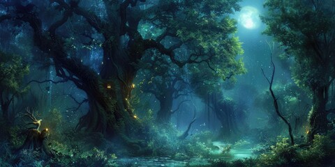 A captivating digital artwork of an enchanted forest bathed in moonlight, with magical glows and...