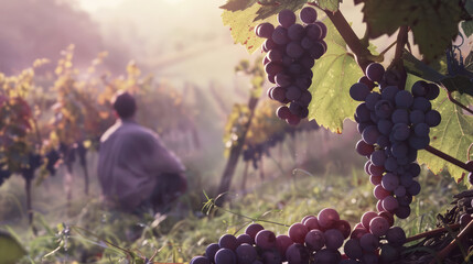 Persona che ammira i grappoli d'uva maturi e respira l'aria fresca di campagna