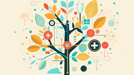 Vector illustration of an abstract medicine background with lines, circles, and icons, featuring medical symbols like health, healthcare, nurse, tooth, thermometer, pills, and cross