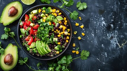 A light and flavorful salad with quinoa, black beans, corn, avocado - 746769148