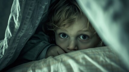 a scared child sleeping in bed 